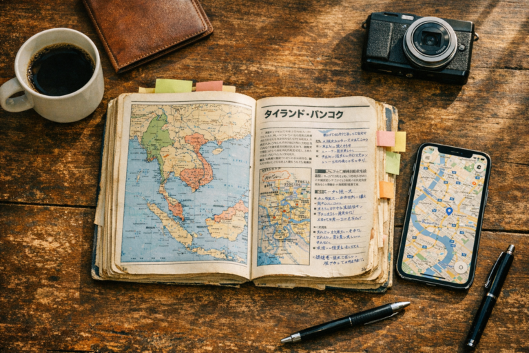 木製のデスクに開かれた1990年代の旅行ガイドブックの東南アジア地図と、Google Mapsを表示したスマートフォン