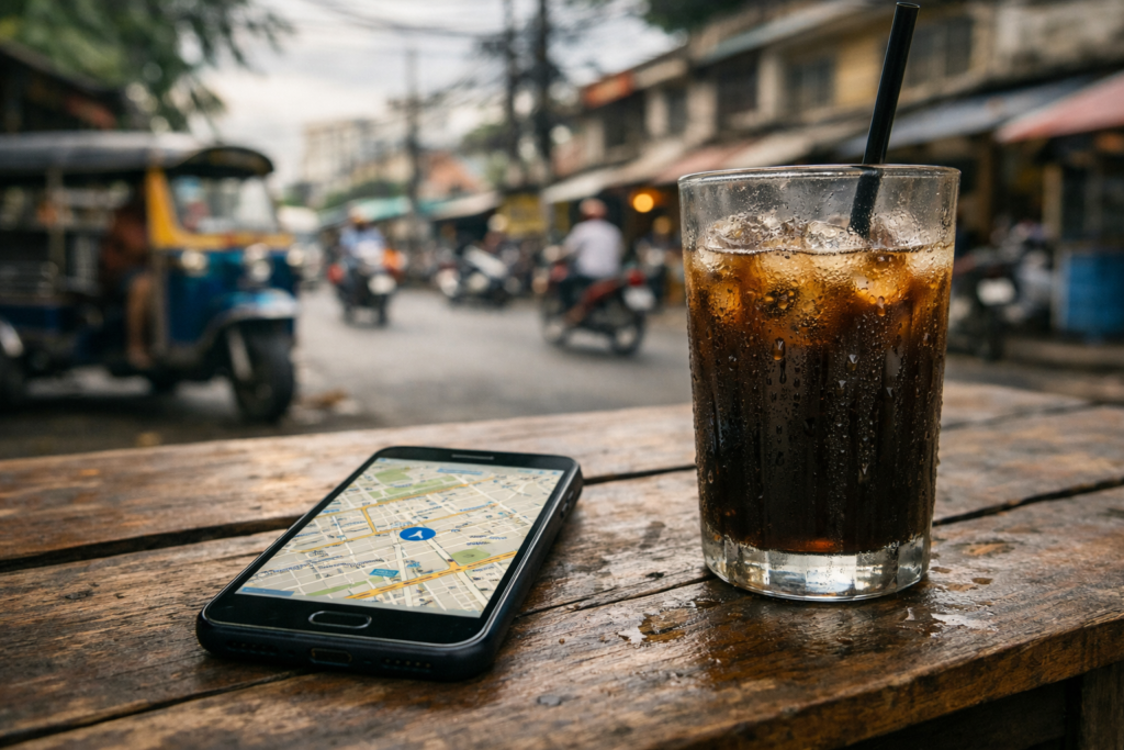 東南アジアの街角の屋台テーブルに置かれた、地図アプリを表示するスマートフォンとアイスコーヒー
