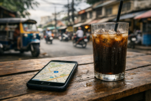 東南アジアの街角の屋台テーブルに置かれた、地図アプリを表示するスマートフォンとアイスコーヒー