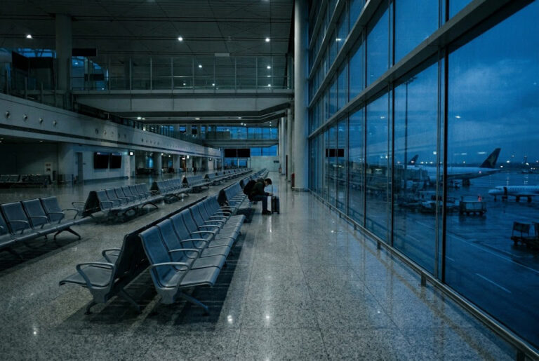 夜明け前、人気のない上海浦東空港の出発ロビー。横になれない肘掛け付きベンチが並び、ガラス壁の外はブルーアワーの滑走路