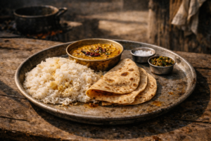 金属トレーの上に白米とチャパティ、ダルカレー、小さな器の青唐辛子アチャールと塩が並ぶ、屋外食堂風の食事