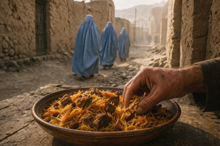 アフガニスタンの路地で、カブリ・パラオを手で食べる様子と、奥を歩く青いチャドリの女性たち