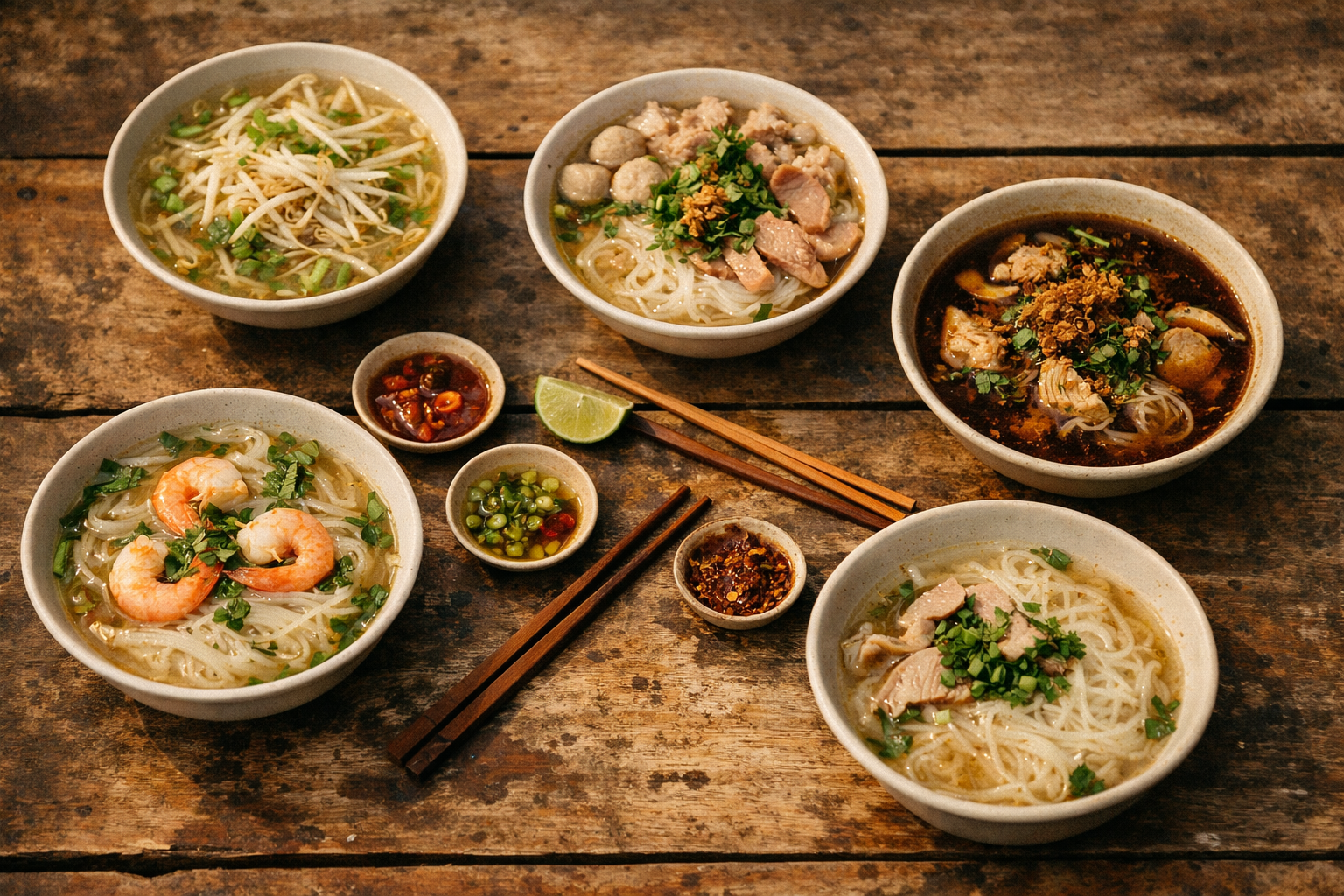 東南アジア各国の米麺スープ5杯を木のテーブルに並べた俯瞰写真。タイのクイッティアオ、カンボジアのクィティウ、ベトナムのフーティウ、マレーシアのクイティオ、ラオスのフー