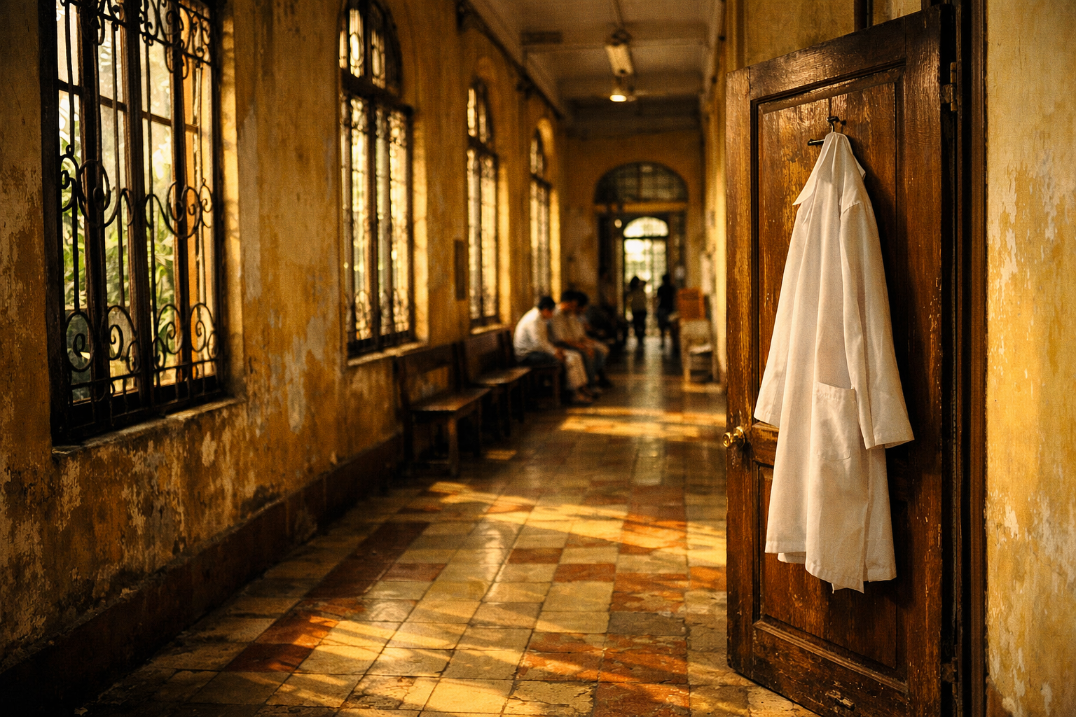 1995年のハノイ・バックマイ病院をイメージしたフランス植民地建築の病院廊下。黄色い壁と装飾鉄細工の窓から午後の光が差し込む。コダクローム調。