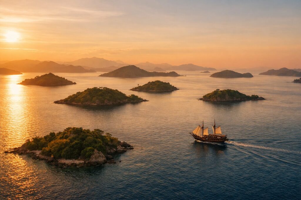 夕暮れのインドネシア群島を上空から俯瞰した風景。穏やかな海に熱帯の島々が点在し、伝統帆船ピニシが島と島の間を航行する。海に引き裂かれながら結ばれる群島国家の地理を象徴する光景。