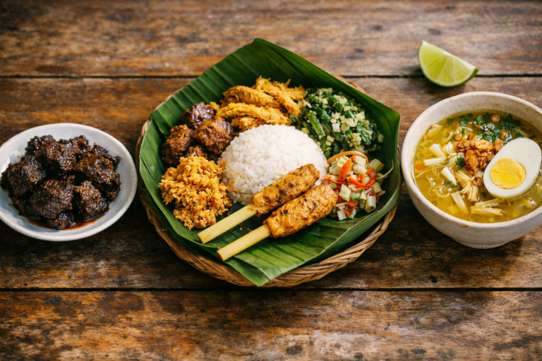 インドネシア三つのカレー戦略—ルンダン、バリのナシ・チャンプル、ソト・アヤムが木のテーブルに並ぶ