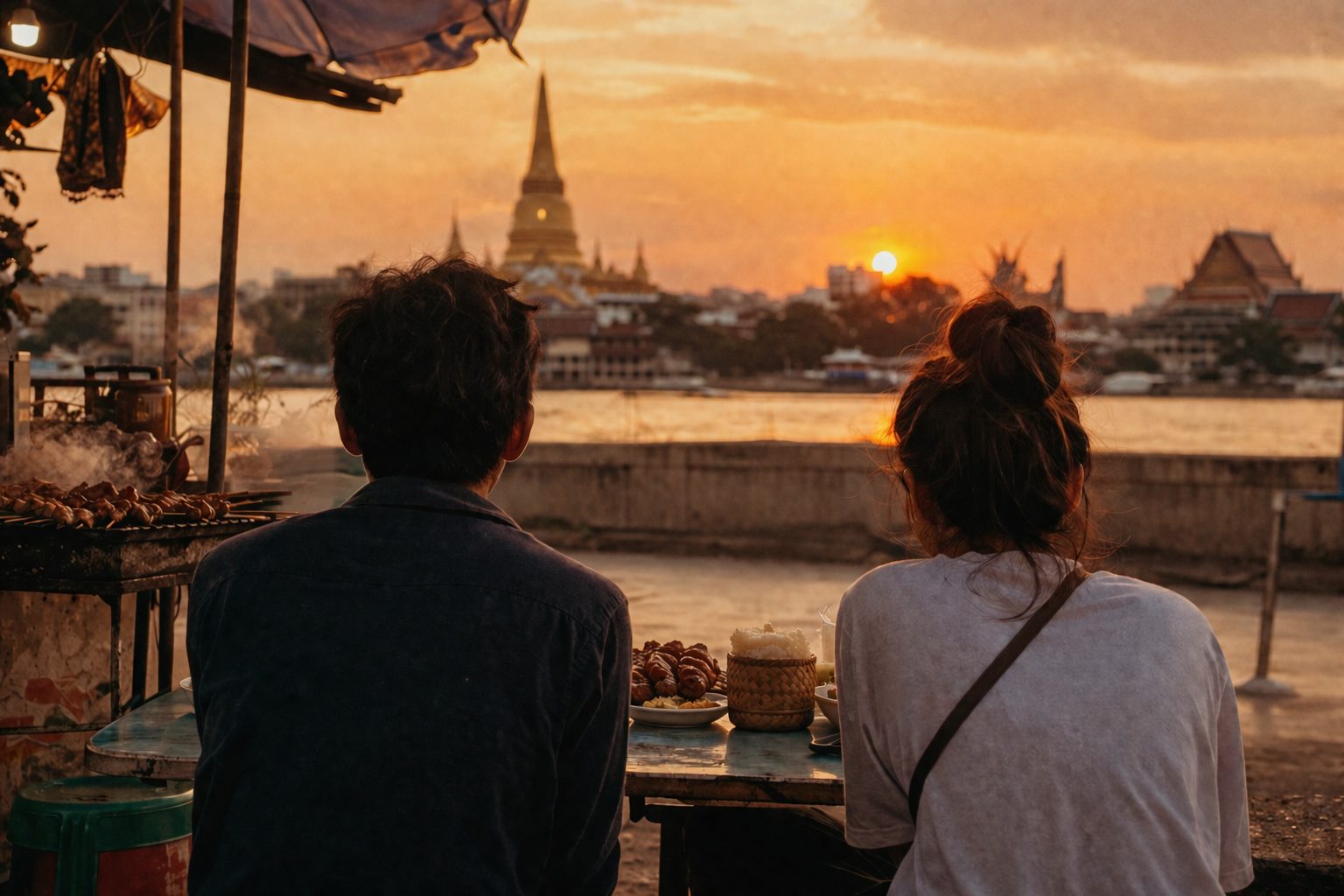 1990年代のバンコク。夕方王宮近くの屋台でイサーン料理を食べる