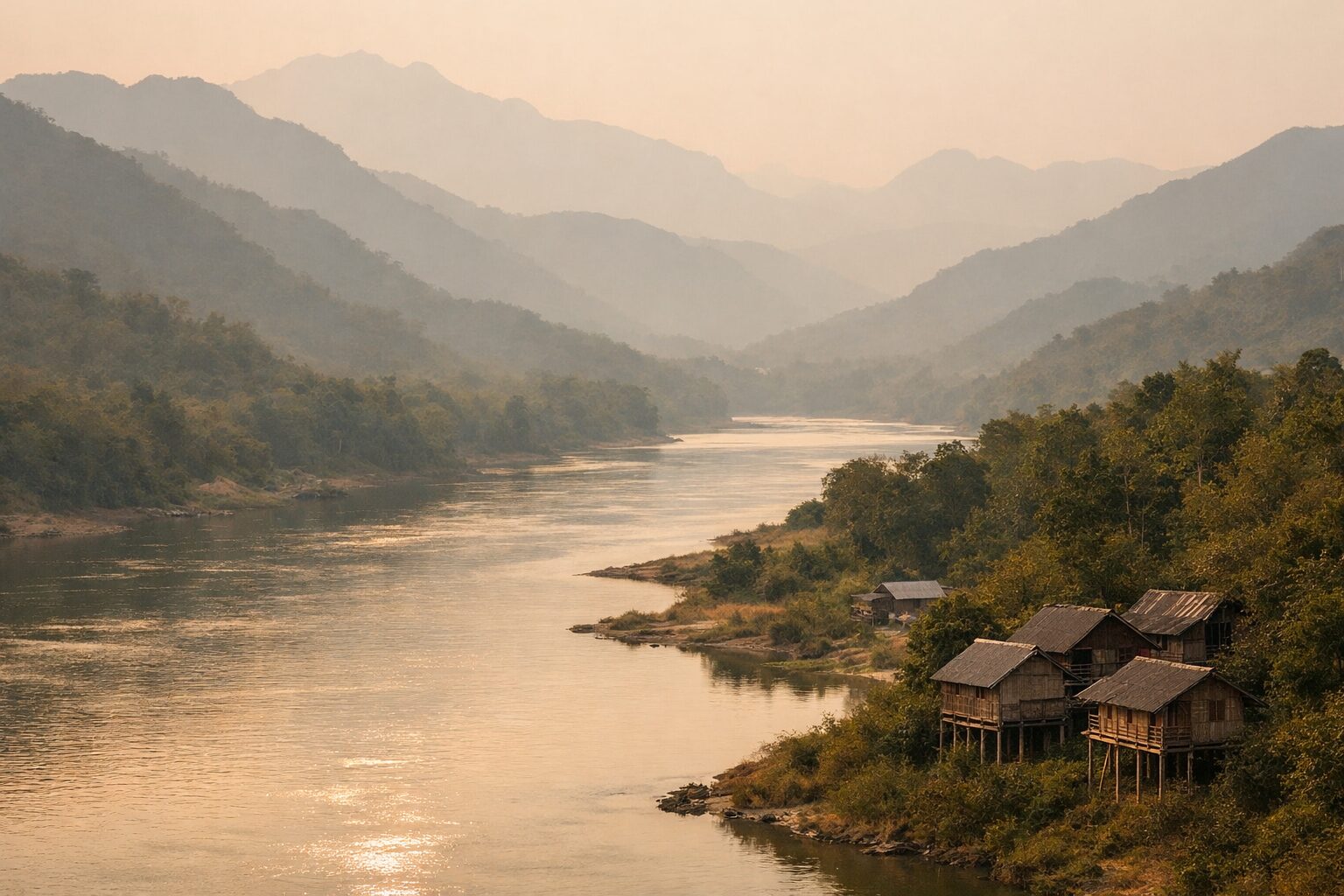 メコン川と山岳地帯が広がる北ラオスの夕景。海を持たない内陸国ラオスの地理的条件を象徴する風景。