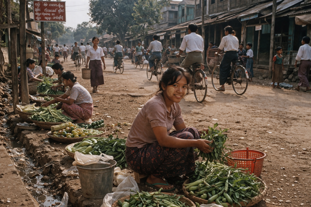 バゴーの路上で野菜を売るミャンマー人女性、1990年代