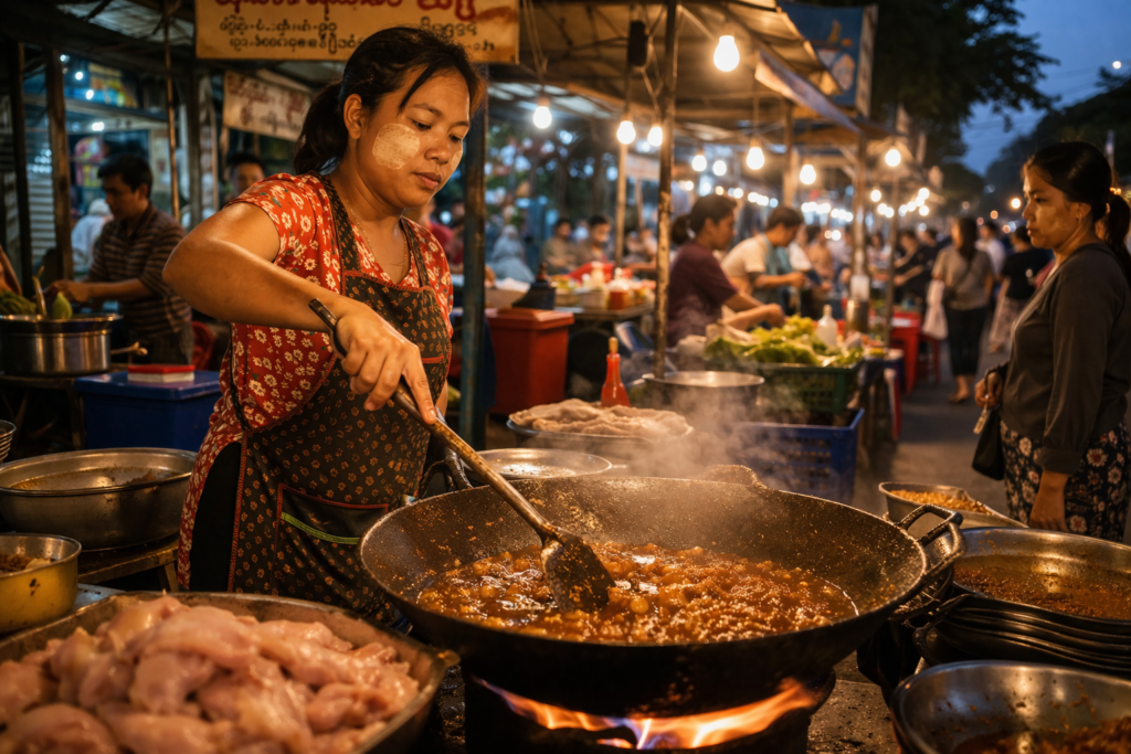 ヤンゴンの屋台でスィーピャンを仕上げるミャンマー人女性