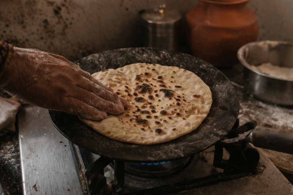 鉄板(タワ)で焼かれるチャパティ。インド家庭料理の日常的な主食