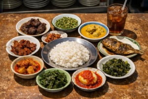 パダン料理の食堂に並ぶ十数皿の料理——ルンダン、グライ、サンバルが所狭しと積み上げられたインドネシアの食卓