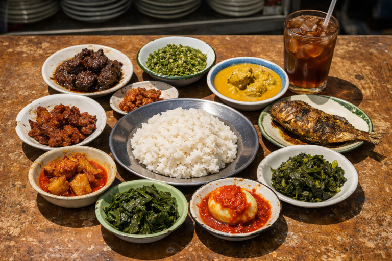 パダン料理の食堂に並ぶ十数皿の料理——ルンダン、グライ、サンバルが所狭しと積み上げられたインドネシアの食卓