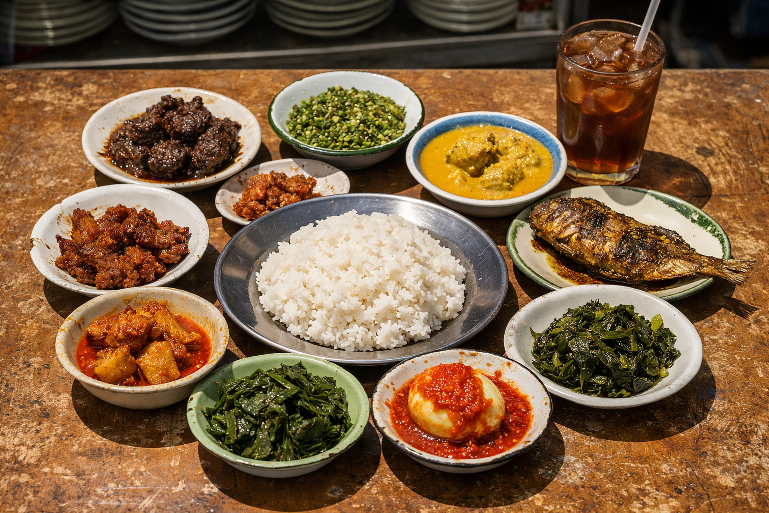 パダン料理の食堂に並ぶ十数皿の料理——ルンダン、グライ、サンバルが所狭しと積み上げられたインドネシアの食卓