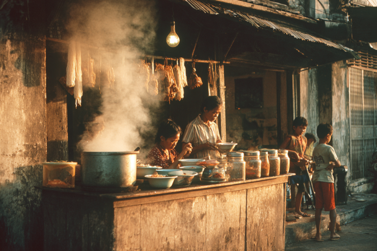 1970年代のバンコクの路地裏で営業するクイッティアオ屋台。コダクローム64フィルムで撮影したようなレトロな色調