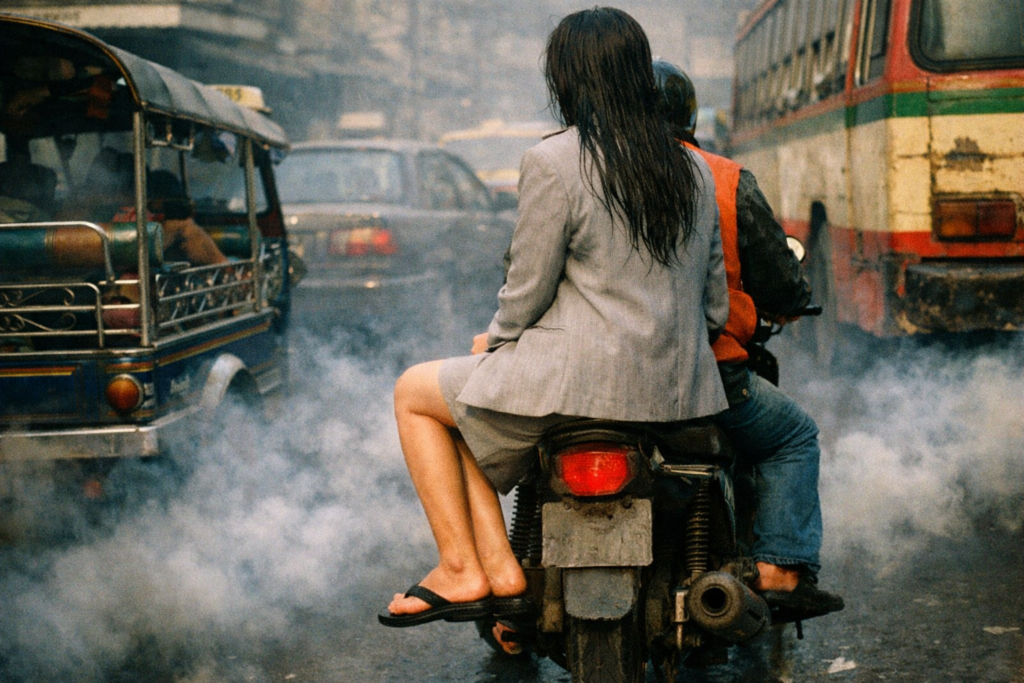 90年代のバンコク、朝の通勤ラッシュをバイクタクシーの後ろに乗り通勤するタイ人のOL。