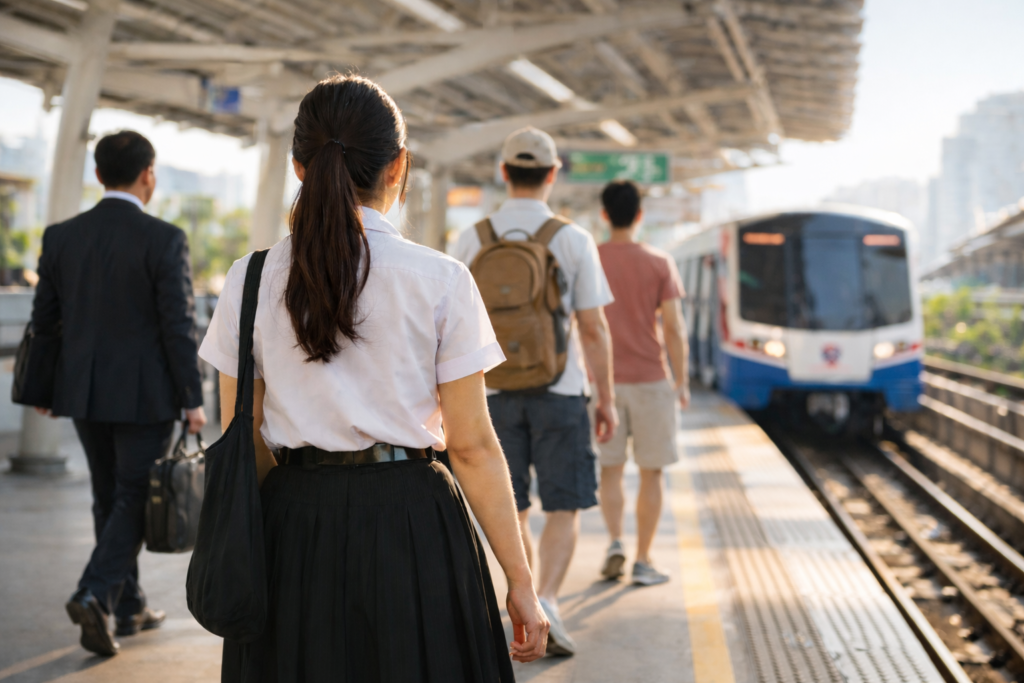 バンコクのBTSの駅の光景。制服姿の女子大生。背景にはツーリストやサラリーマンの姿も見える。