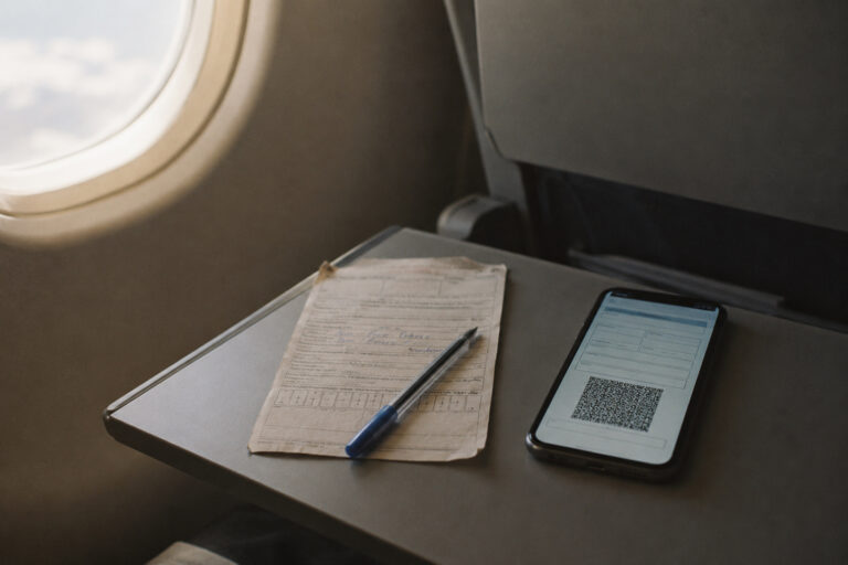 機内テーブルに置かれた手書きの紙のアライバルカードとボールペン、その隣でQRコードを表示するスマートフォン。紙からデジタルへ移行するアジアの入国手続きを表すイメージ