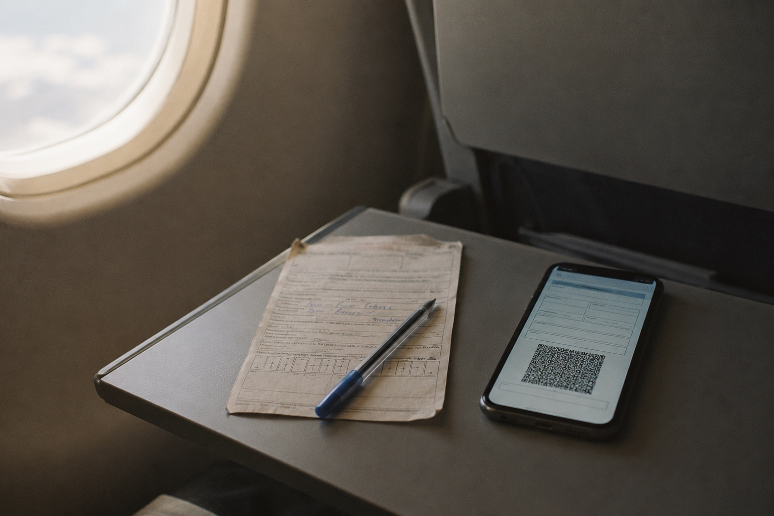 機内テーブルに置かれた手書きの紙のアライバルカードとボールペン、その隣でQRコードを表示するスマートフォン。紙からデジタルへ移行するアジアの入国手続きを表すイメージ