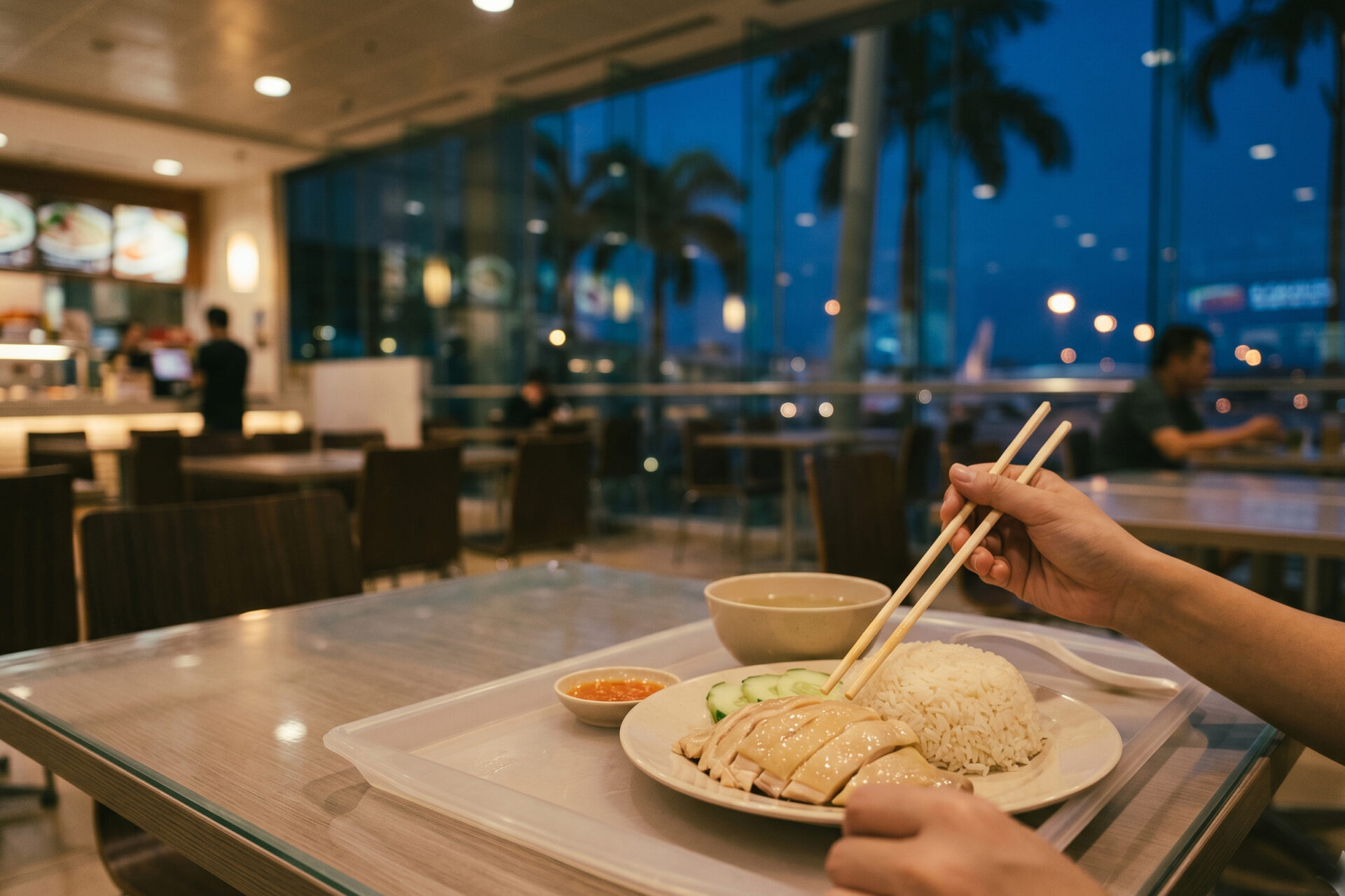 夜の海口美蘭空港の食堂で味わう海南式チキンライス（文昌鶏）。奥の窓には熱帯の夜と椰子の影